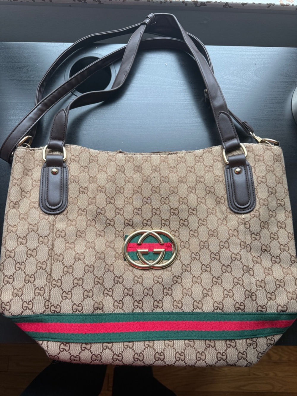 Gucci Brown GG Canvas Tote with Red and Green Web and Gold Hardware